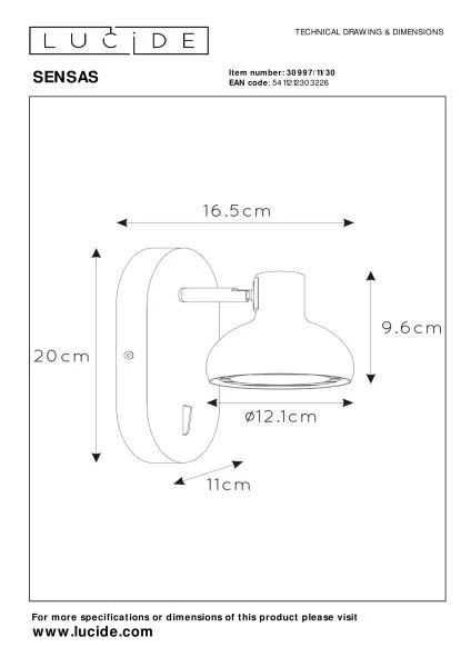 Lucide SENSAS - Bedside lamp / Wall light - 1xGU10 (ES111) - Black - technical